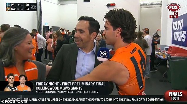 Bedford initially tried to steer his mother away from the live interview with AFL great Eddie Betts on Fox Footy