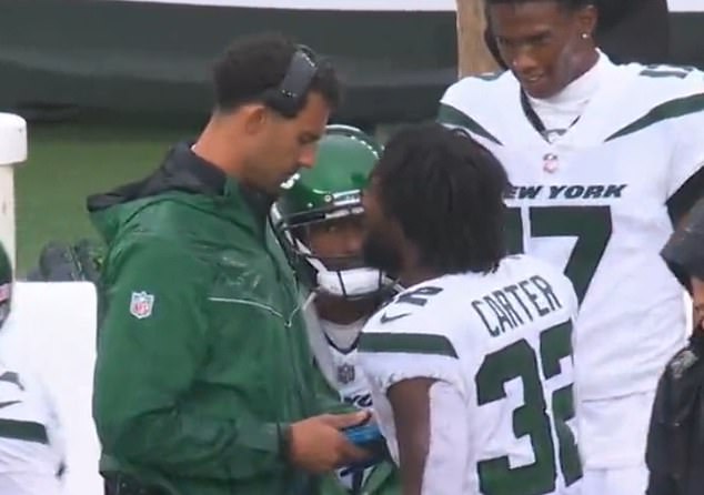 Running back Michael Carter was seen yelling at his position coach on the sidelines on Sunday