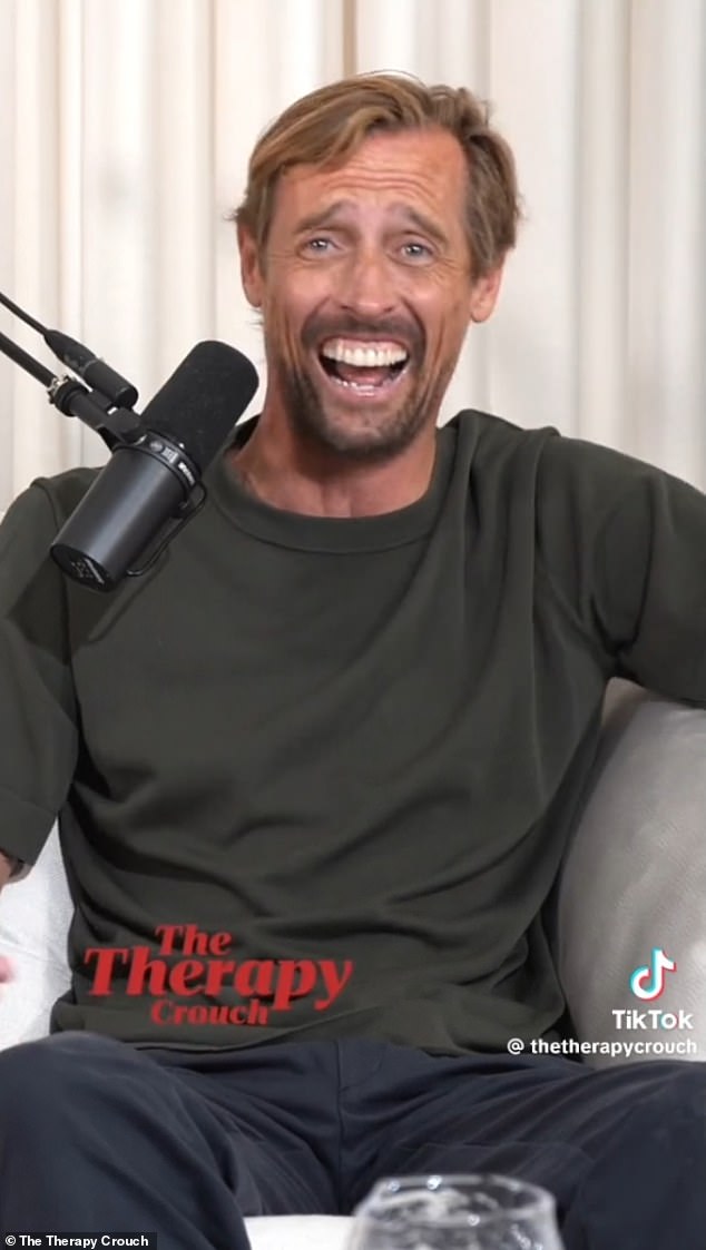 Caught: Peter Crouch and wife Abbey Clancy were shocked when their daughter heard them joke about sex during a new episode of their Therapy Crouch podcast