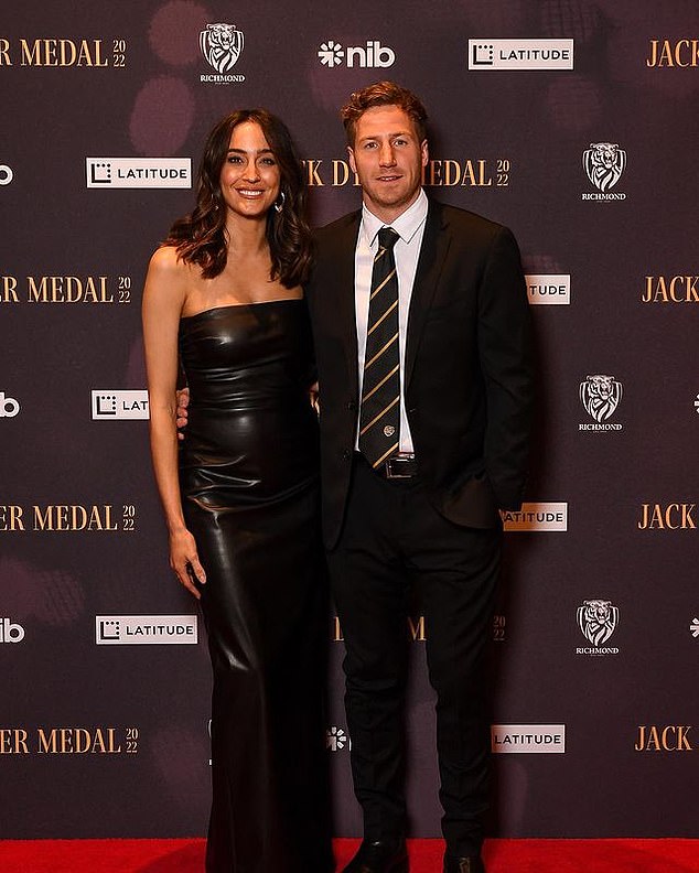 Channel Seven presenter Abbey Gelmi announced her engagement to former AFL star Kane Lambert (pictured together) on Monday evening ahead of the 2023 Brownlow Medal