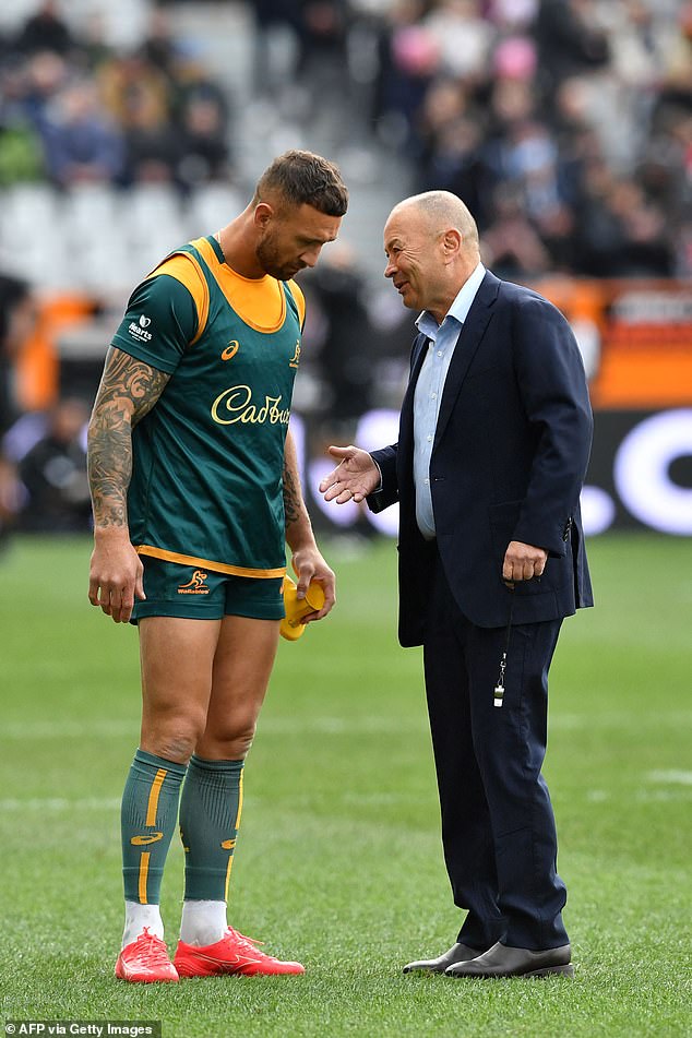 Former Wallabies flyhalf Quade Cooper (pictured with Eddie Jones) was snubbed when Australia's World Cup squad was chosen - and Alan Jones says that mistake needs to be corrected as soon as possible.