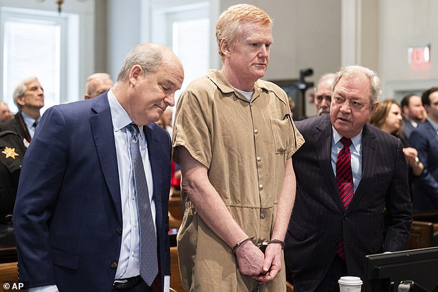 Alex Murdaugh has filed for his murder conviction to be overturned six months after he was found guilty of murdering his wife and son.  He is pictured before his sentencing on March 3, 2023 with his attorneys Jim Griffin (left) and Dick Harpootlian (right)