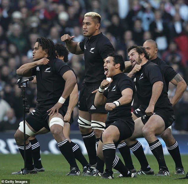 The All Blacks introduced the Kapa o Pango version of the haka in 2005, including a throat-slitting gesture (pictured)