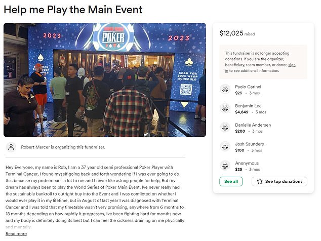 The GoFundMe, set up by the amateur poker player, raised more than $12,000