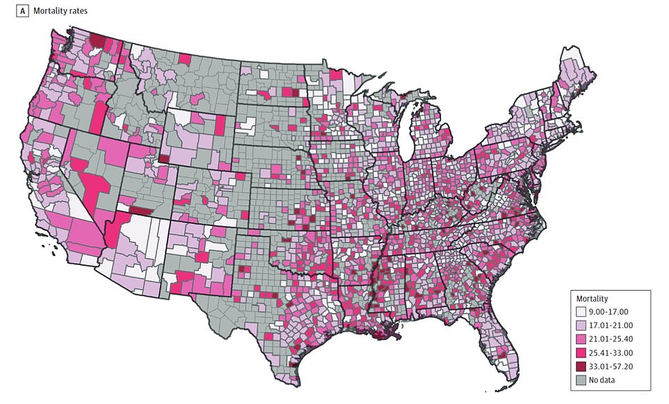 The gray provinces contain no data.  Those that did have relevant data are colored in shades of purple.  The researchers' work showed not only which states have higher breast cancer death rates, but also individual counties.  Alabama, for example, is an example of significant county-by-county variation.  The northern part of the state showed more variation in death rates than the southern region