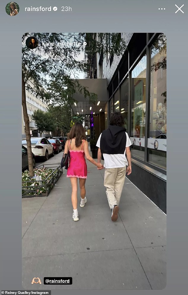 Holding hands: Her latest sighting comes amid her new romance with Kane Ritchotte, following the recent end of her nearly three-year relationship with Lewis Pullman (pictured together in a post uploaded to her Instagram Story last month)