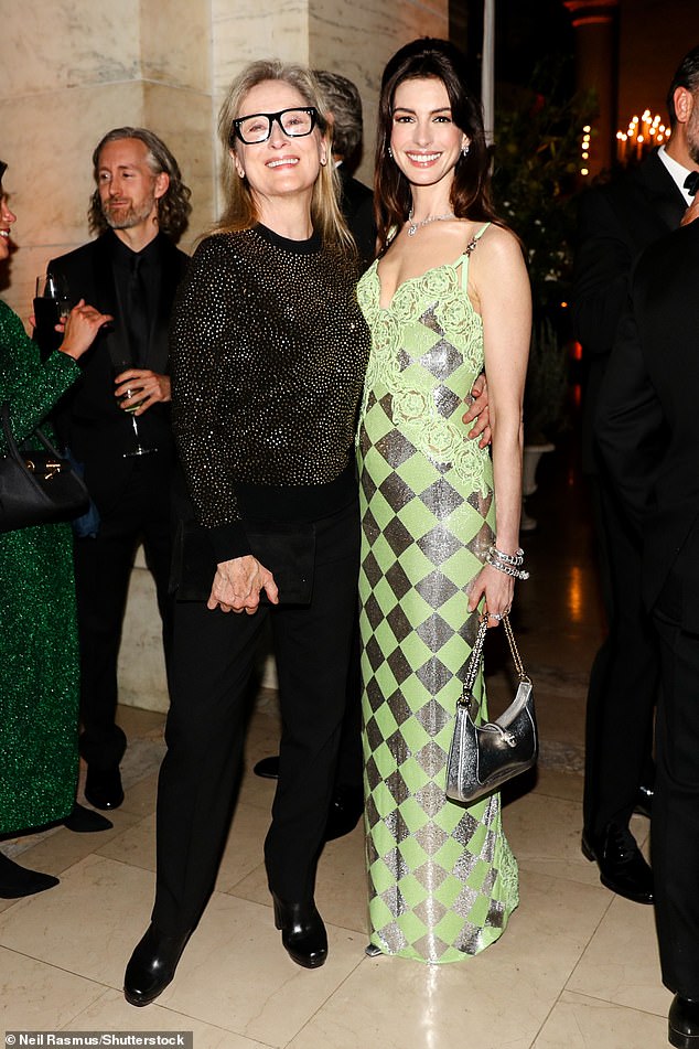 Still friends: Anne Hathaway met an old friend on Thursday.  The 40-year-old actress posed with Meryl Streep at the Clooney Foundation For Justice's second annual Albie Awards in New York City on Thursday.