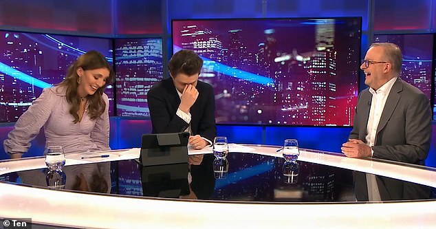 TV presenter and comedian Melanie Bracewell (left) dropped an F-bomb in front of Prime Minister Anthony Albanese (right) during an appearance on The Cheap Seats