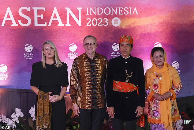 Anthony Albanese wore a traditional Indonesian batik shirt as he was joined by partner Jodie Haydon at the ASEAN Summit in Jakarta