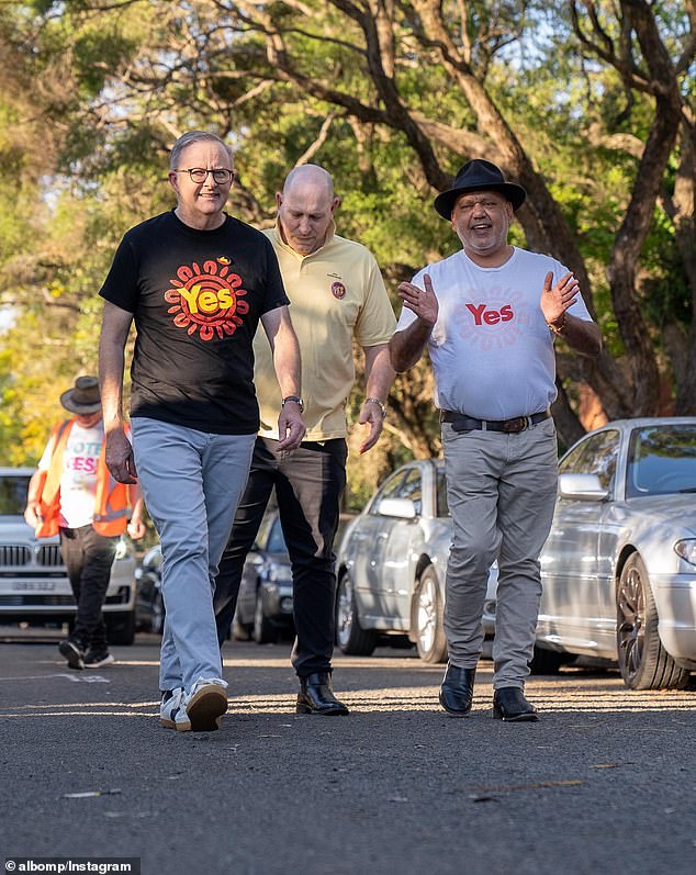 The Prime Minister appeared with Noel Pearson at a Yes event at Pocket Park in Summer Hill in Sydney's inner west on Saturday afternoon (pictured)