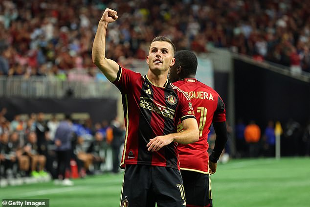 Brooks Lennon celebrates after scoring the third of Atlanta United's five goals on Saturday