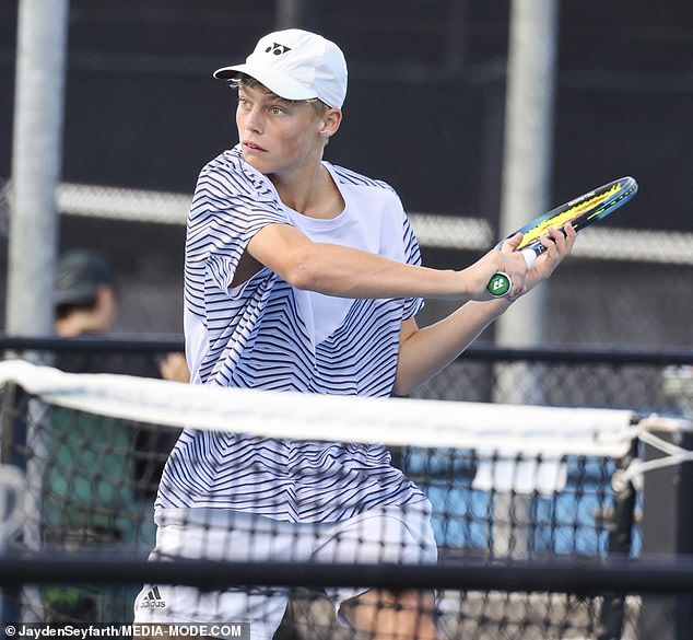 Cruz Hewitt, 14, claimed his first professional victory at the Darwin Tennis International