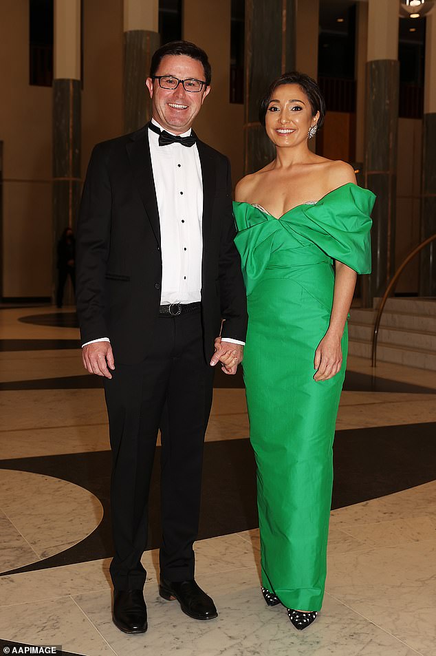 Federal National Party leader David Littleproud (pictured with his partner Amelia Dobson) said Trade Minister Don Farrell, who oversees Austrade, and the Albanian government must answer 'serious questions'