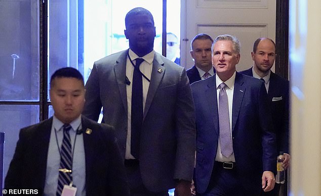 House Speaker Kevin McCarthy arrives on Capitol Hill Saturday ahead of the 11 a.m. vote to try to prevent a government shutdown