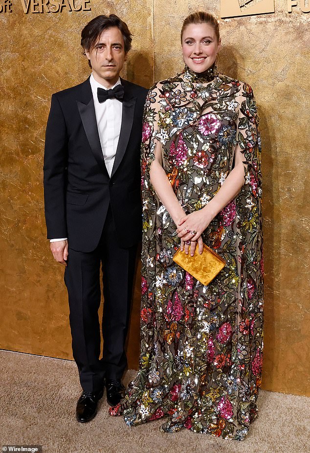 Flower power!  Greta Gerwig wore a glamorous floral dress and cape as she and her partner Noah Baumbach stepped out in style for the Clooney Foundation's Albies Awards on Thursday