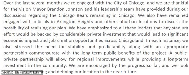 A letter from Bears president Kevin Warren confirmed the team's intentions for the near future