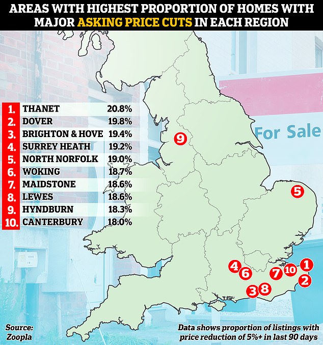 Cuts in the South East: Eight of the top 10 areas in Britain that have seen the majority of price cuts of 5 percent or more over the past 90 days are in the South East