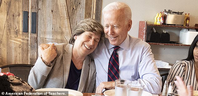 Joe Biden is seen with Randi Weingarten, president of the American Federation of Teachers – who contributes millions to Democratic causes