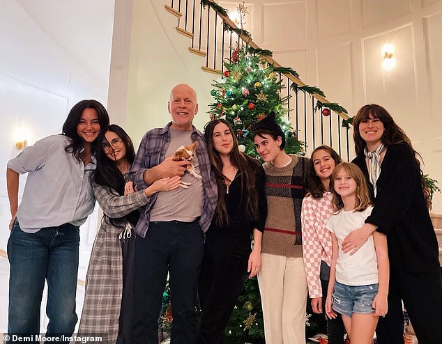 Bruce Willis' family said the star's condition had 'made progress'.  FTD affects the brain lobes behind the forehead, which deal with behavior, problem solving, planning and emotions (pictured with LR wife Emma Heming, ex-wife Demi Moore and daughters Scout, Tallulah, Mabel, Evelyn and Rumer)