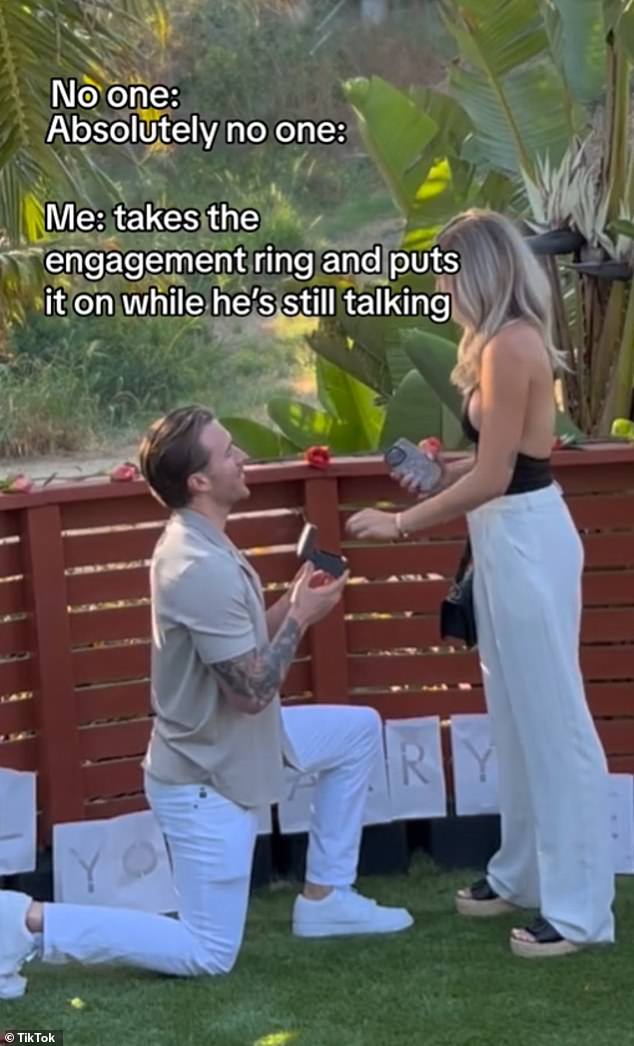 An excited bride-to-be has gone viral after taking her engagement ring out of the box as her fiancé proposed