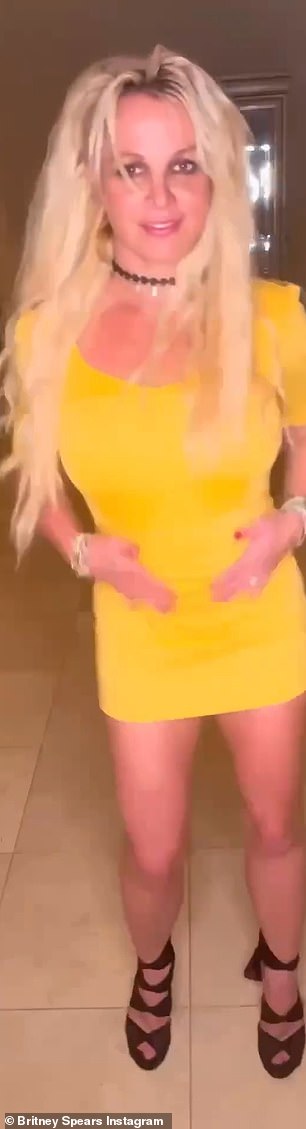 Leggy lady: The Gimme More singer showed off her dance moves in her latest Instagram video, where she rocked a short yellow dress and chunky black heels