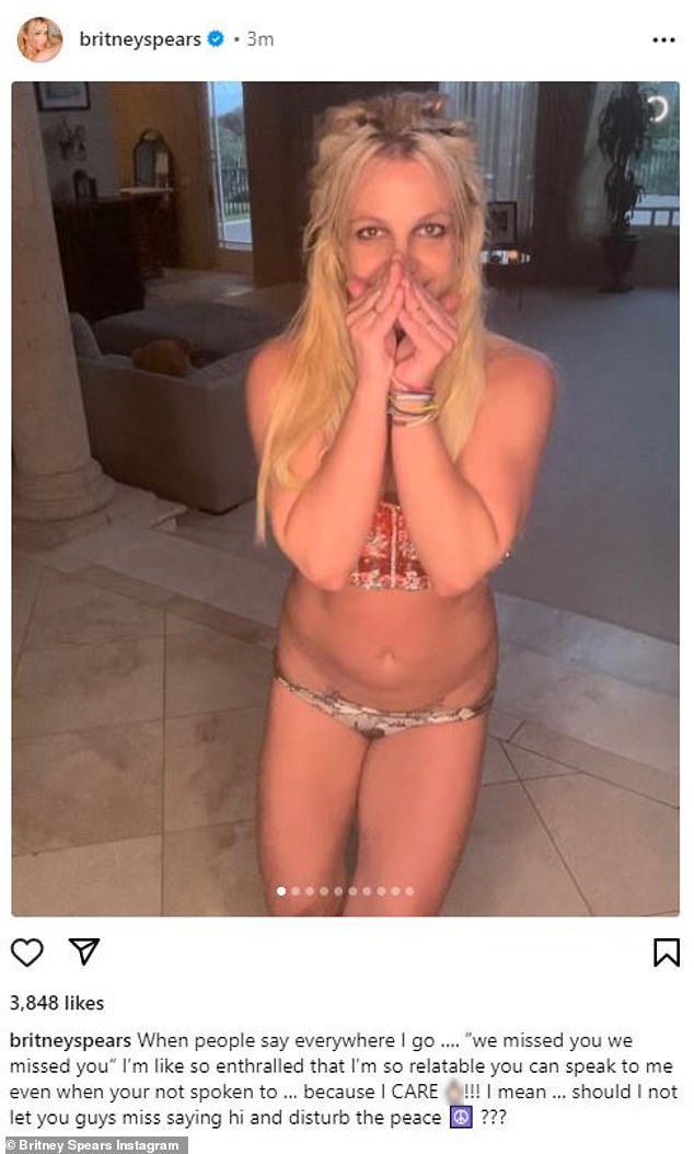 Dance queen: Britney Spears modeled a skimpy outfit in her latest Instagram post, where she expressed gratitude for being 'so relatable' to fans;  seen on Friday