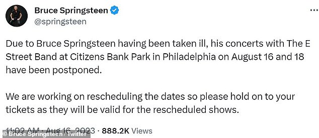 Health issues: It's not the first time Bruce, known to his fans as The Boss, has postponed tour dates.  In August, he postponed two concerts in Philadelphia after he 'fell ill'