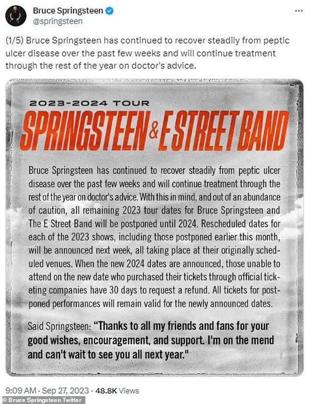 Devastating: The music icon, 74, shared an Instagram post on Wednesday announcing that all remaining tour dates for Bruce Springsteen and The E Street Band would be canceled per doctor's orders