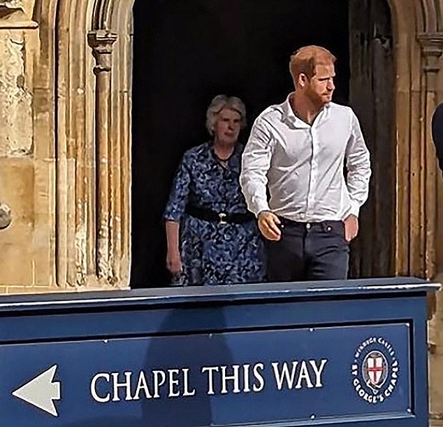 It comes as it emerged Prince Harry was refused a room at Windsor Castle during his fleeting visit to London earlier this month.  Pictured: The Duke after leaving St. George's Chapel, where the Queen was buried earlier this month