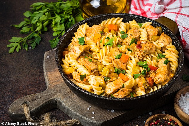 Turn Sunday's roast chicken into a tasty pasta salad by shredding the leftovers – this would also work with beef, pork or gammon – and mixing them into cooked pasta