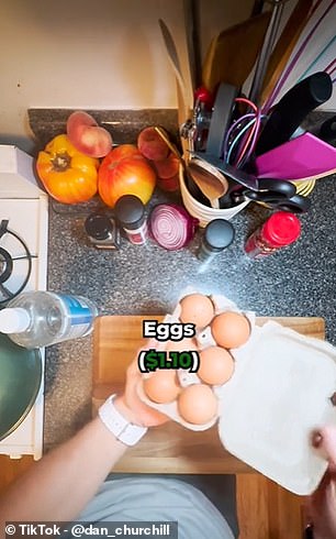 In one TikTok, Dan enters Monica's apartment and turns her into the ultimate breakfast staple.  Pictured is a top-down image of eggs priced at $1.10