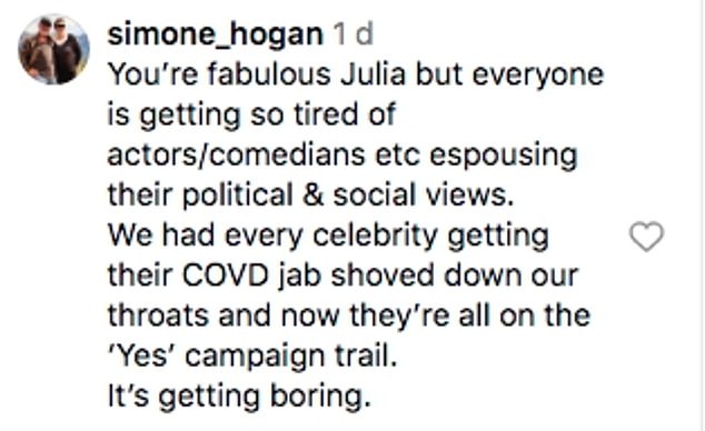 Another fan berated Julia for revealing her political views