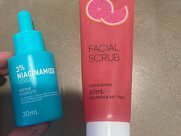 The girl said she used a niacinamide serum, a grapefruit facial scrub (above) and a biodegradable mask from a Kmart.