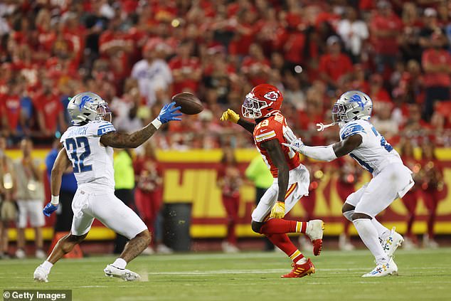 Kadarius Toney saw a pass bounce out of his hands for a Lions pick-six in the third quarter