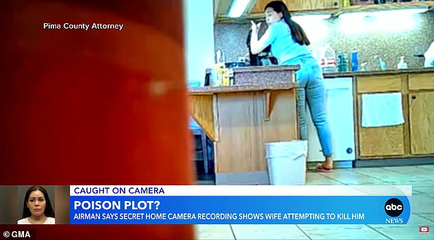 Melodie Felicano Johnson looks over her shoulder as she pours liquid into the coffee machine in the Arizona home she shared with her husband.  He had installed secret cameras after becoming concerned about her behavior and fearing he was trying to poison him