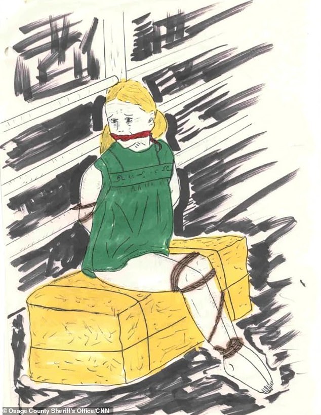 One of the sketches shows a young blonde woman with pigtails, wearing a green top, with her arms and legs tied, sitting on what appears to be a pile of hay.  Officials noted in the photo the black pipes that may be the walls of a shed