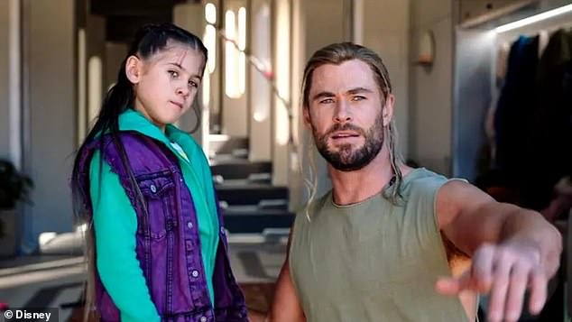 Chris Hemsworth's, 40, (right) daughter India Rose, 11, (left) can't seem to get enough of his acting as she was spotted watching his movie Thor: Ragnarok on Tuesday