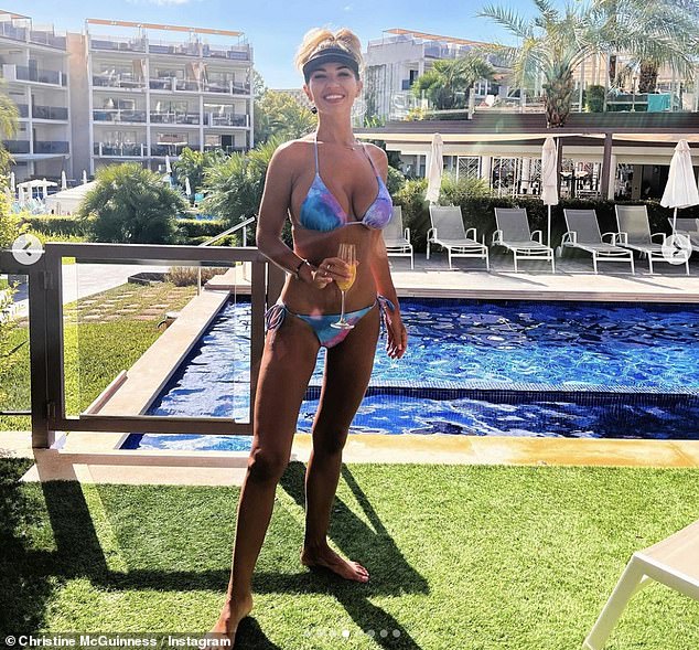 Reflective: Christine McGuinness, 35, has enjoyed a last-minute extended family holiday of six days after being forced to stay amid air traffic control chaos