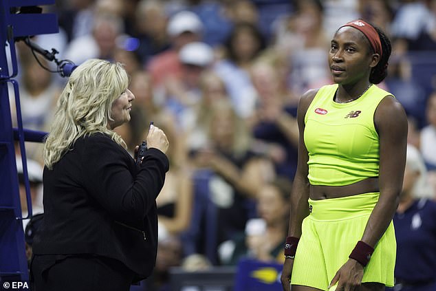 Coco Gauff reacts as protesters interrupt her match with Karolina Muchova on Thursday