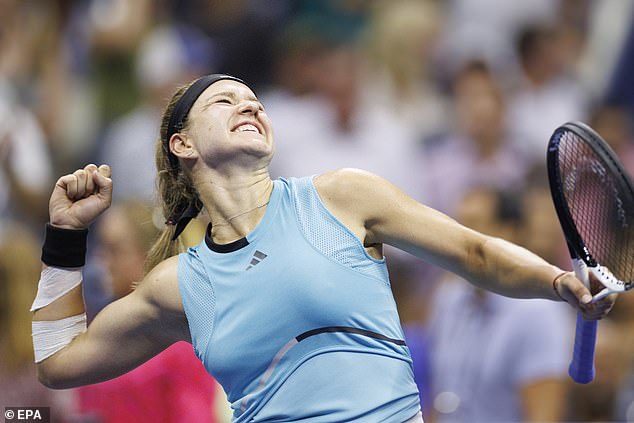 Karolina Muchova celebrates after beating Sorana Cirstea in their quarterfinals