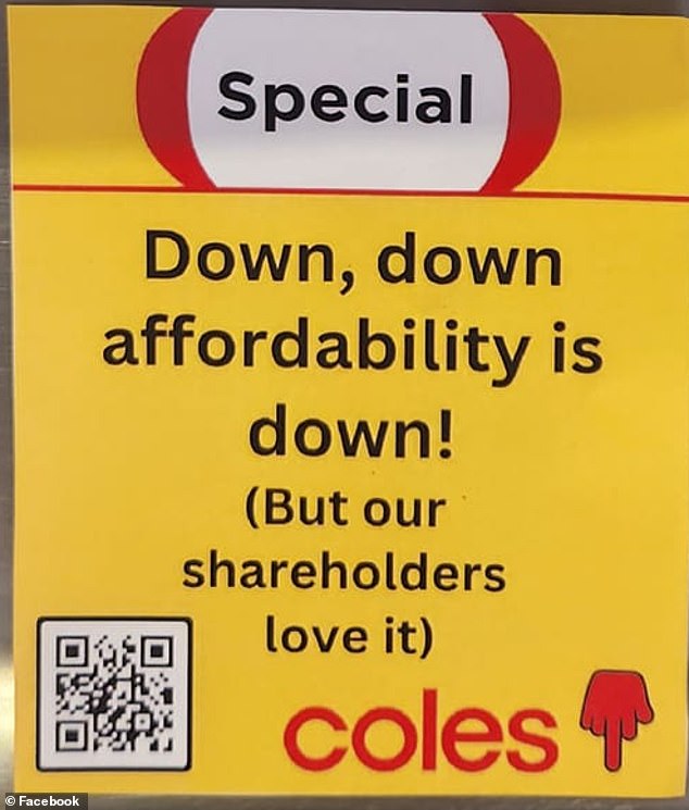 A prankster has taken out his anger at Coles and Woolworths over the cost of living by replacing shop tags with lookalikes with subversive messages.  The photo features a message left with Coles