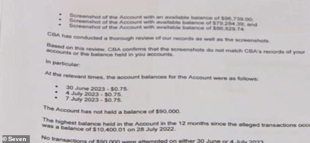 A spokesperson for the Commonwealth Bank (CBA) said it had investigated the claims and had since told Mr Murphy that the receipt numbers he provided 'do not appear in the CBA records'.  The bank also said the couple has 75 cents in their account, not $90,000