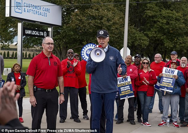 President Joe Biden limped down the shortened steps of Air Force One into Motor City on Tuesday to show solidarity with auto workers.