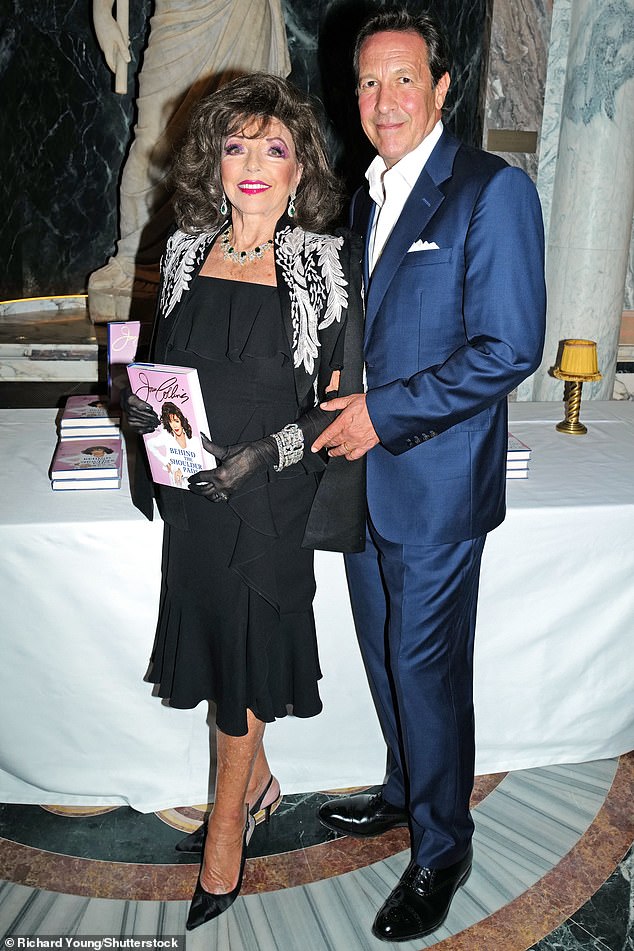 Dame Joan Collins, 90, looked as glamorous as ever as she was supported by her husband Percy Gibson at the launch of her memoirs on Thursday