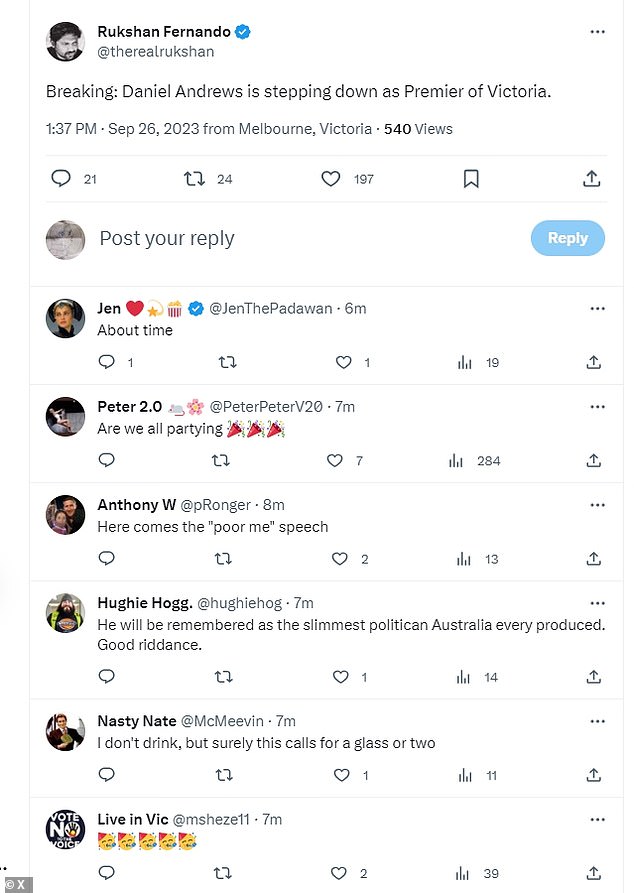 Many X users were quick to celebrate the end of Andrews' polarizing rule over Victoria
