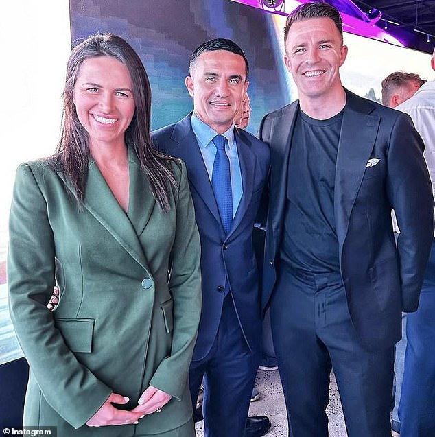 Danika Mason (left) and Todd Liubinskas (right) have canceled their wedding.  The couple are pictured with football legend Tim Cahill (centre) at an event to launch the new BYD electric car showroom in Alexandria, Sydney's south, two weeks ago.