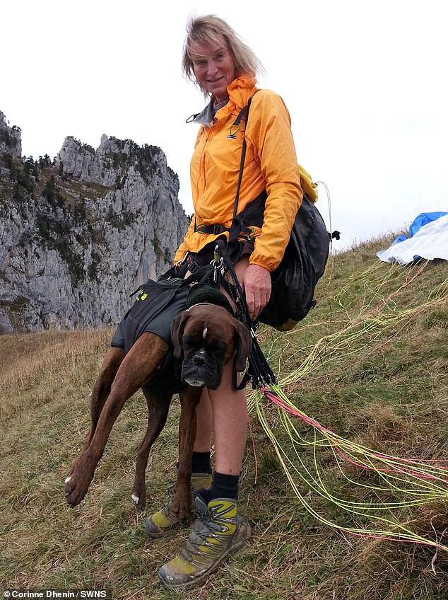 Grandmother Corinne Dhenin, 68, from Geneva, has done almost 500 paraglidings with her dog