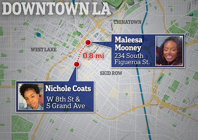 Coats was found dead in her Grand Street apartment while Mooney was discovered just a mile away in the 200 block of South Figueroa Street.