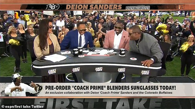 Sanders presented his custom-made glasses to the ESPN First Take panel on Friday afternoon
