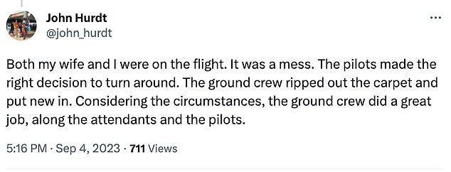 One passenger praised the crew and cleaning staff for the way they handled the situation